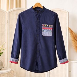 Desigual Men’s Shirt Medium Blue Button-Up Mandarin Collar Patch Pocket LS Mens